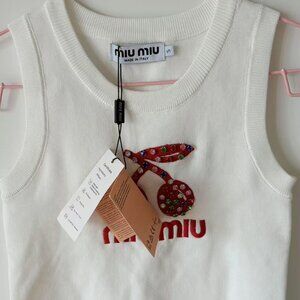 New Miu Miu White Knit Vest with Cherry Rhinestone Detail,(100 to 120 pounds)